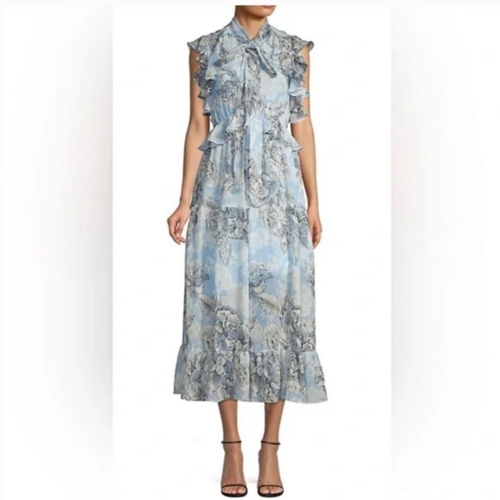 Robert Rodriguez Blue Floral Ruffle Midi Dress
